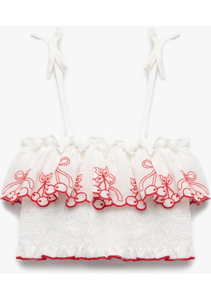 Pamuklu Ince Askılı Kiraz Desenli Gipeli Crop Bluz