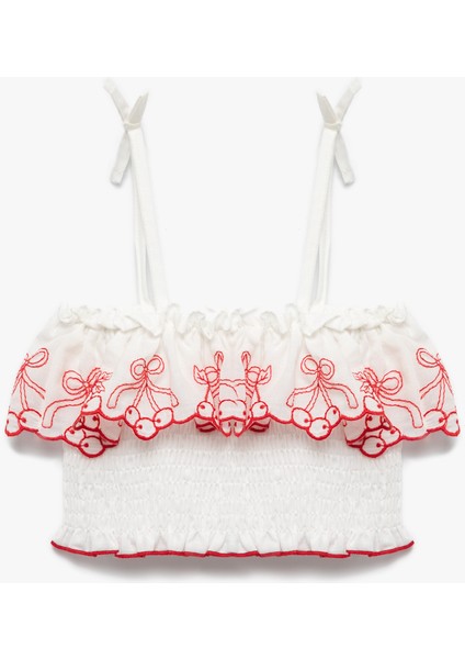 Pamuklu Ince Askılı Kiraz Desenli Gipeli Crop Bluz fiyatları