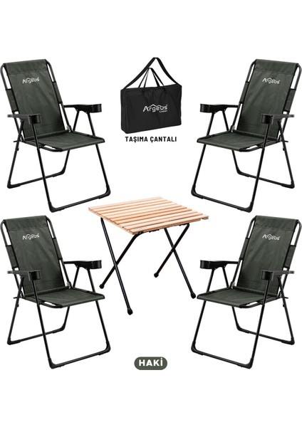 4'lü Katlanır Kamp Sandalyesi ve Masa Seti, Taşıma Çantasıyla, Haki, 130 kg Kapasite