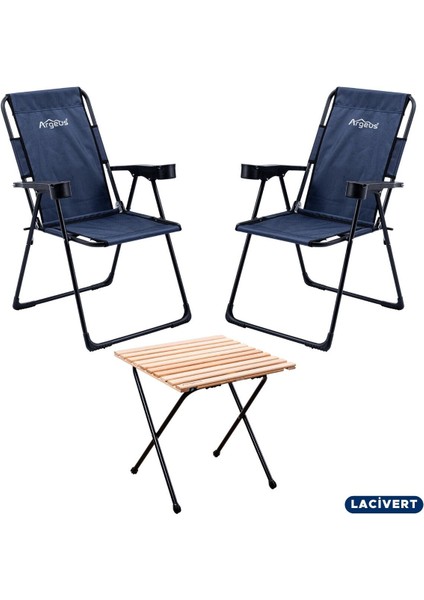 Katlanır Kamp Sandalyesi ve Masa Seti, Lacivert, 130 Kg, 2'li Paket