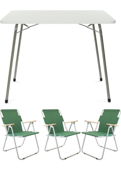 Yeşil Katlanır Masa ve 3 Katlanır Sandalye Kamp Seti