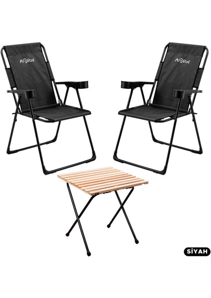 Iki Adet Katlanır Kamp Sandalyesi ve Masa Seti, Siyah, 130 kg Taşıma