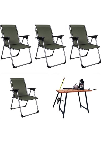 Şık 4'lü Katlanır Sandalye ve Masa Seti, Haki, Pratik ve Modern Tasarım