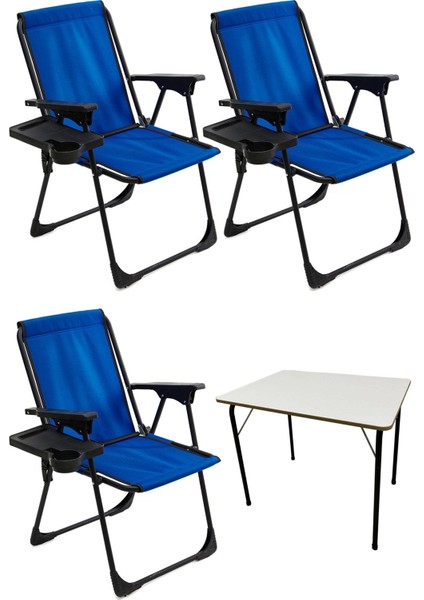3'lü Kamp Sandalyesi Seti, Katlanabilir, Dikdörtgen Bardaklıklı ve Mavi Renk