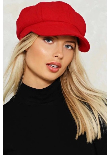 Kırmızı Bayan Şapka Kadın Kasket Yün Flat Cap