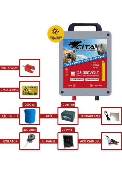 Çita - 40 Dönüm Için Güneş Panelli ve Akülü Hazır Elektrikli Çit Makinesi Seti