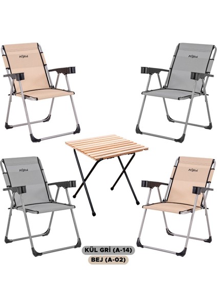 4'lü Katlanır Kamp Sandalyesi ve Masa Seti, Kül Gri/bej, Bardaklı, 140 kg