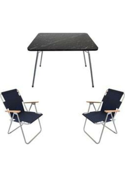 60X80 Katlanır Masa ve 2 Mavi-Lacivert Kamp Sandalyesi Seti