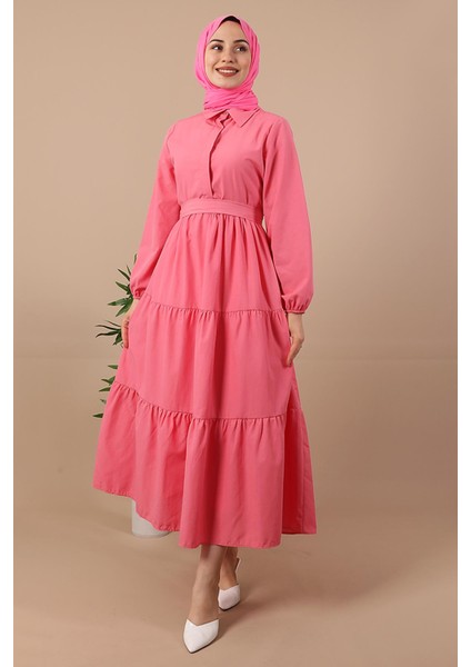 Standart Yaka Düğmeli Elbise Şeker Pembe