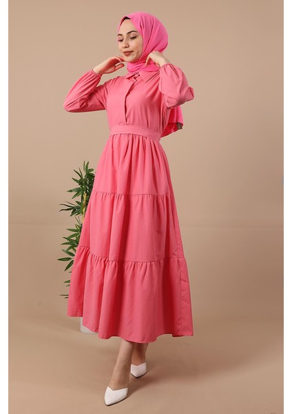 Standart Yaka Düğmeli Elbise Şeker Pembe fiyatları