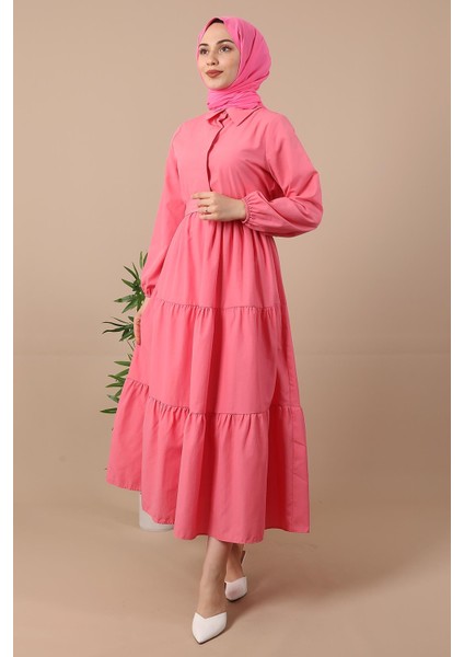 Standart Yaka Düğmeli Elbise Şeker Pembe modelleri