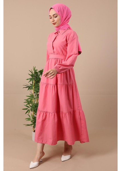 Standart Yaka Düğmeli Elbise Şeker Pembe fırsatları