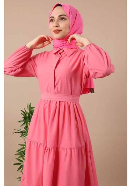 Standart Yaka Düğmeli Elbise Şeker Pembe indirimleri