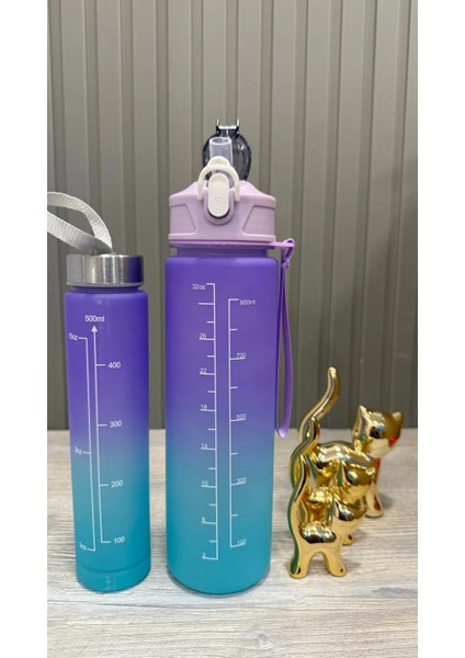 2 Li Motivasyonel Su Matarası Su Şişesi Suluk 900ML+600ML Spor Salonu Su Şişesi Suluk