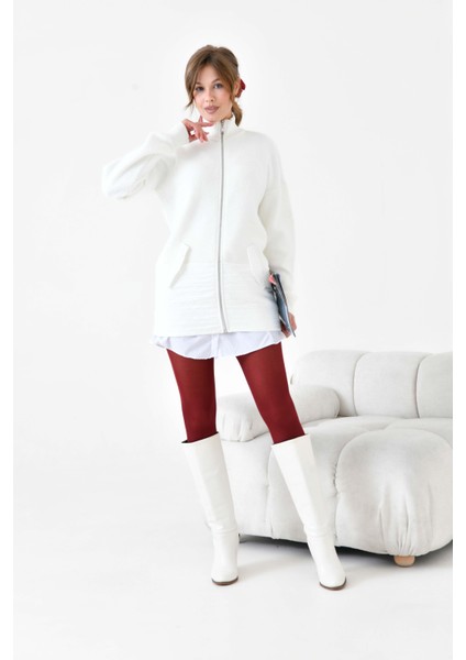 Kadın Kapitone Detaylı Kısa Kap Ekru