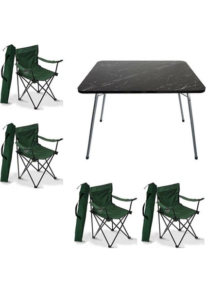 60X80 Katlanır Masa ve 4 Yeşil Sandalye, Piknik ve Kamp Için Ideal Set