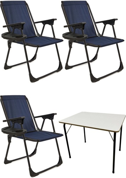 3'lü Katlanır Piknik Sandalye Seti, Oval Bardaklık, Mavi