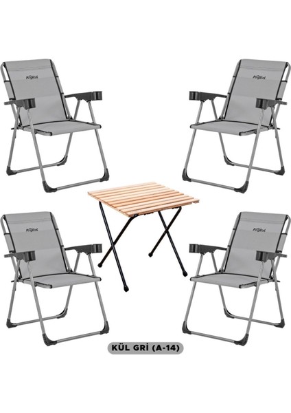 4’lü Katlanır Kamp Sandalyesi ve Masa Seti, Bardaklık, Kül Gri, 140 kg Kapasiteli