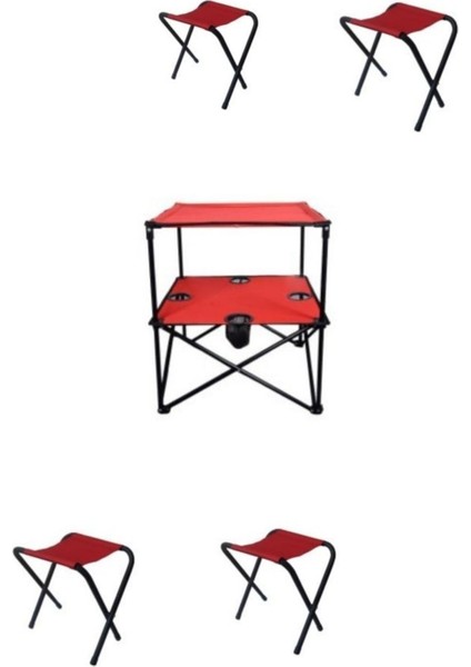 Kırmızı Katlanır Masa ve 4 Kamp Taburesi Seti, Pratik ve Şık Tasarım