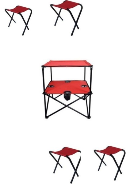 Kırmızı Katlanır Masa ve 4 Kamp Taburesi Seti, Pratik ve Şık Tasarım fiyatları