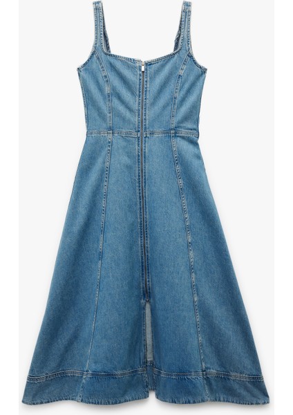 Kare Yaka Kolsuz Fermuar Detaylı A Kesim Yırtmaçlı Midi Denim Elbise
