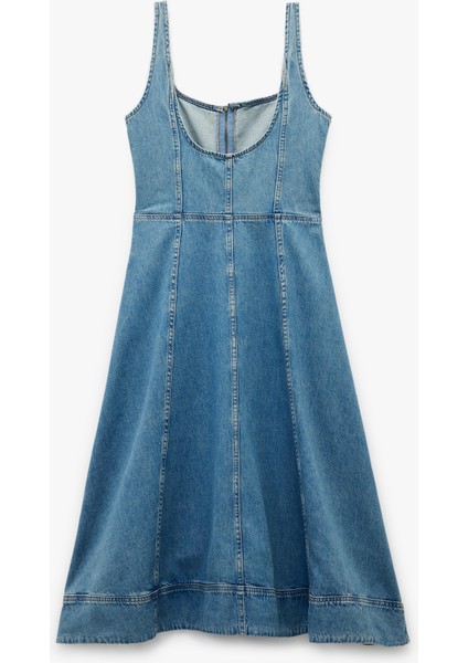 Kare Yaka Kolsuz Fermuar Detaylı A Kesim Yırtmaçlı Midi Denim Elbise fiyatları