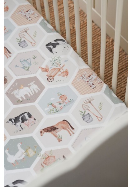Organik Bebek Lastikli Çarşaf (120X200+20) Çiftlik Çok Renkli