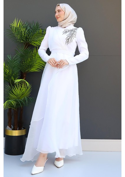 Taşlı Organze Abiye Beyaz