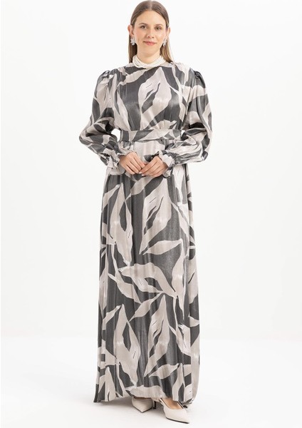 Siyah-Bej-Omuz Büzgü Detaylı Kuşaklı Elbise