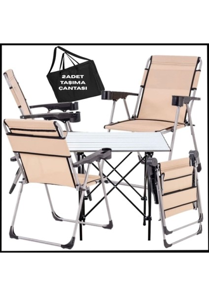 Katlanır Kamp Sandalyeleri ve Alüminyum Masa Seti, Taşıma Çantasıyla, 4'lü Set