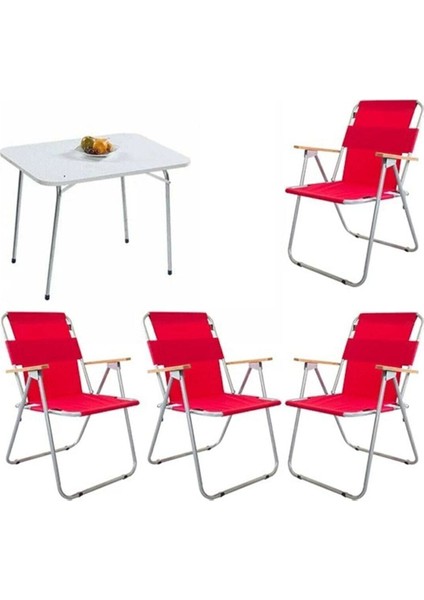 60X80 Katlanır Masa ve 4 Kırmızı Kamp Sandalyesi, Pratik ve Kullanışlı Set