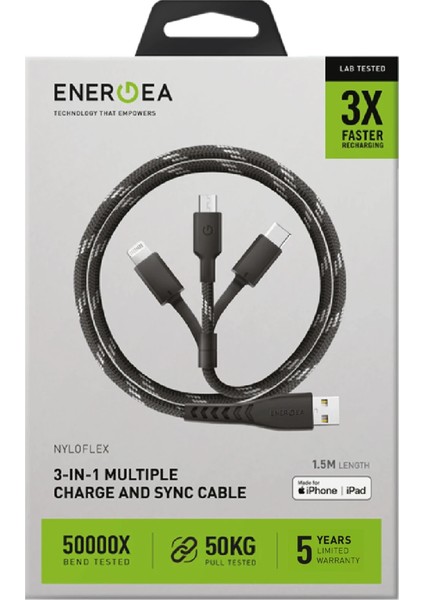 C89 Nyloflex 3in1 1.5m 3A USB To Type-C Lightning Micro Hızlı Şarj Kablosu indirimleri
