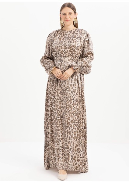 Leopar-Omuz Büzgü Detaylı Kuşaklı Elbise fiyatları
