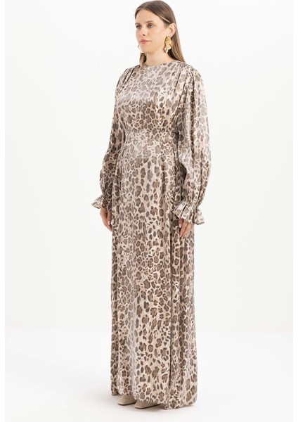 Leopar-Omuz Büzgü Detaylı Kuşaklı Elbise modelleri