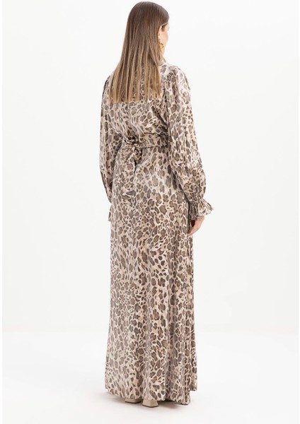 Leopar-Omuz Büzgü Detaylı Kuşaklı Elbise fırsatları