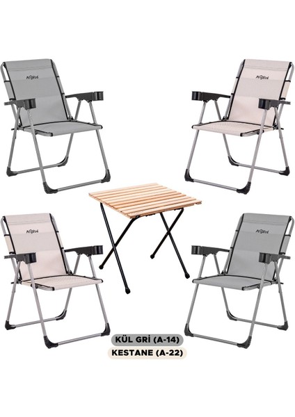 4'lü Katlanabilir Kamp Sandalyesi ve Masa Seti, Bardaklık, Kül Gri/kestane, 140 kg
