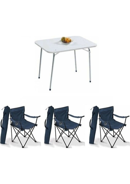 60X80 Katlanır Beyaz Masa ve 3 Mavi Rejisörlü Piknik Sandalyesi