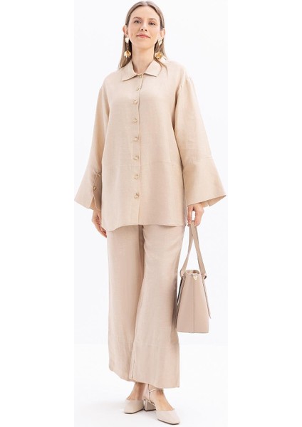 Bej-Geniş Katlamalı Yırtmaçlı Keten Pantolonlu Takım fiyatları