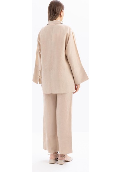 Bej-Geniş Katlamalı Yırtmaçlı Keten Pantolonlu Takım fırsatları
