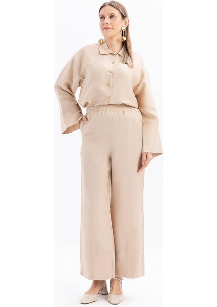 Bej-Geniş Katlamalı Yırtmaçlı Keten Pantolonlu Takım indirimleri