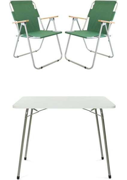 60X80 Katlanır Masa ve 2 Yeşil Kamp Sandalyesi Seti