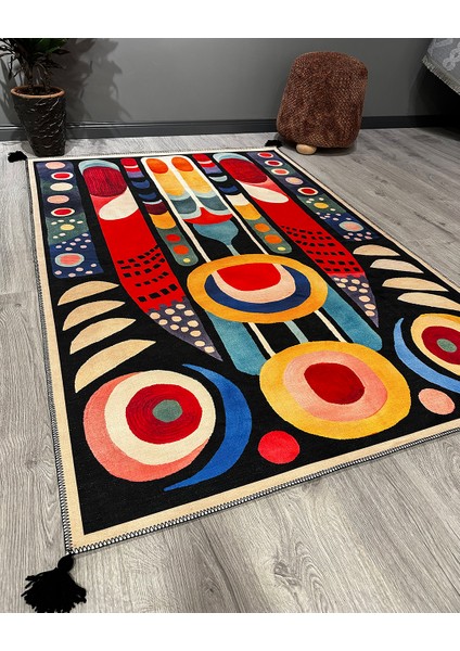 Drom Makinede Yıkanabilir Kaymaz Tabanlı Halı Multy Soyut Desenli Saçaklı Kilim fiyatları