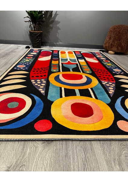 Drom Makinede Yıkanabilir Kaymaz Tabanlı Halı Multy Soyut Desenli Saçaklı Kilim modelleri