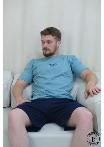 Mavi Şortlu Kısa Kollu Erkek Pijama Takımı