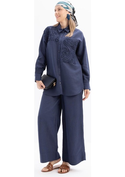 Indigo-Nakış Detaylı Keten Pantolonlu Takım