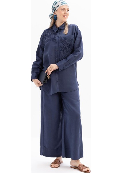 Indigo-Nakış Detaylı Keten Pantolonlu Takım fiyatları