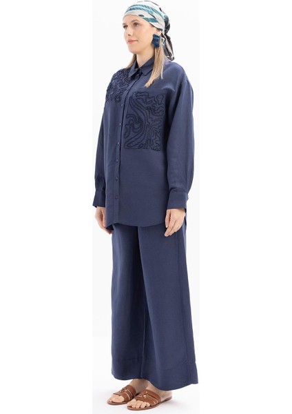 Indigo-Nakış Detaylı Keten Pantolonlu Takım modelleri