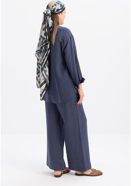 Indigo-Büyük Cepli Keten Pantolonlu Takım modelleri