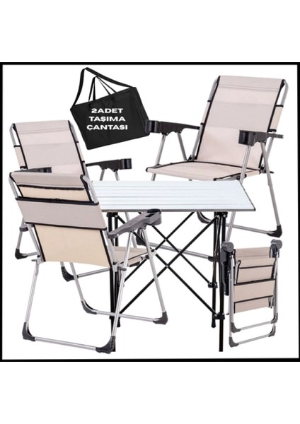 Katlanır Kamp Sandalyesi ve Alüminyum Masa Seti, Taşıma Çantalı, 4'lü Paket