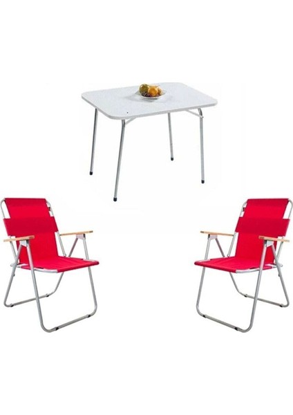 60X80 Katlanır Masa ve 2 Kırmızı Katlanır Kamp Sandalyesi Set